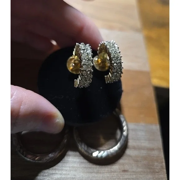 Pair of 2 Vtg Silver Tone Rhinestone Elegant Statement Hoop Earrings Jewelry - Picture 2 of 6